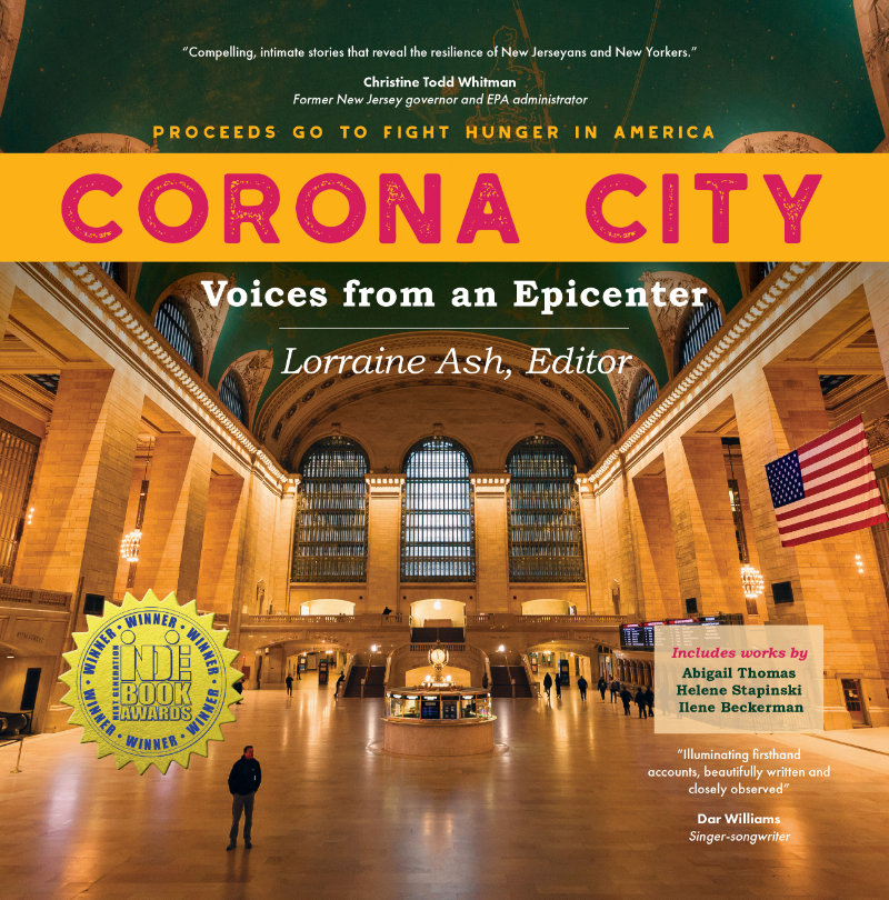Corona City book cover, with an image of the usually bustling interior of New York’s Grand Central Station almost deserted due to the pandemic